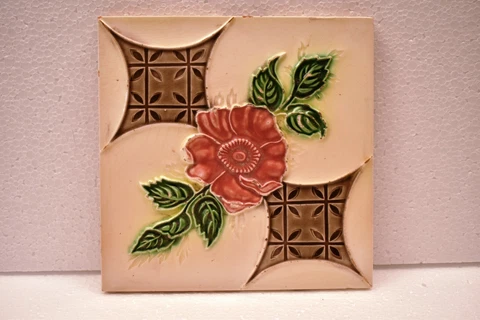 Antique Saji Tile Japan Majolica Art Nouveau Porcelain Floral Rose Geometric"J66 Cover