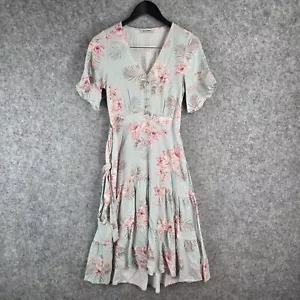 Just Jeans Dress Womens 6 Blue Floral Linen Blend V Neck Short Sleeve Midi 11519 - Picture 1 of 12