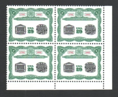 Vntg Unused US Postage Block of 29 Cent Stamps New York Stock Exchange 1792-1992 - Image 1 of 2