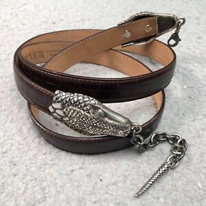 Tanner Leather Belt Brown Snake Head Tail Buckle Silver Italy Vintage Womens L