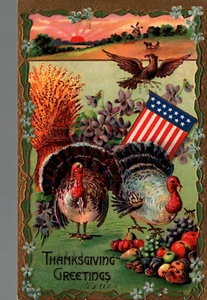 POSTAL ACCIÓN DE GRACIAS DOS PAVOS PATRIÓTICO COLORFU EN RELIEVE - 1910 - Imagen 1 de 2