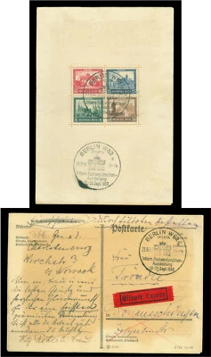 GERMANY 1930 IPOSTA Berlin Phil. Exhib. BLOCK Sc# B33 (Mi BL1) used on card RARE - Image 1 of 3