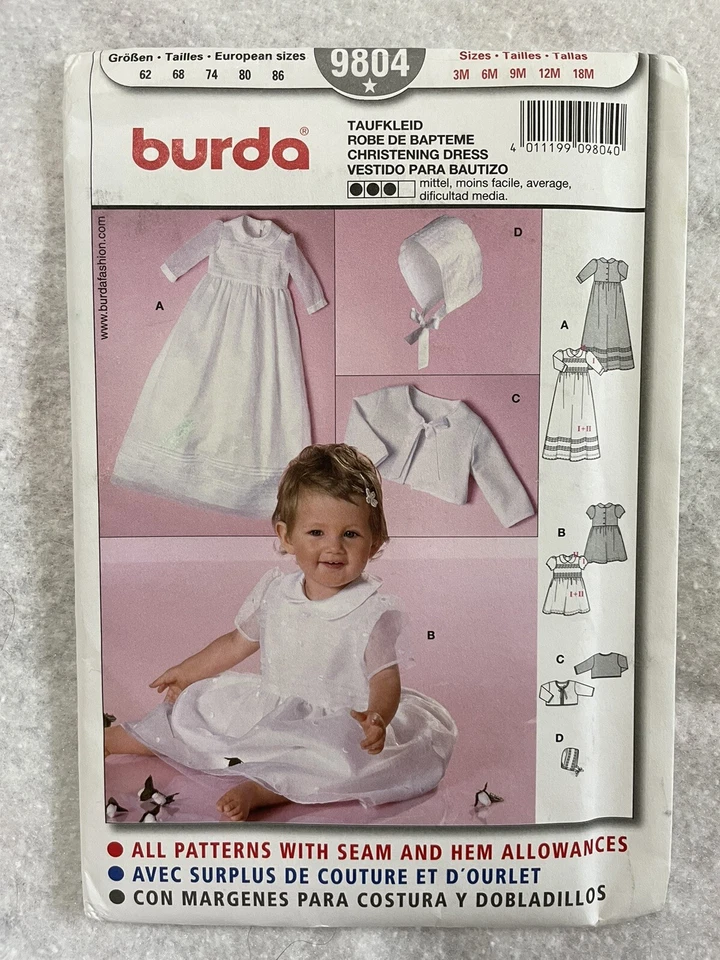 🌷3M-18M Baby Christening Dress Sewing Pattern Burda 9804 Eng Spanish French - Image 1 of 4