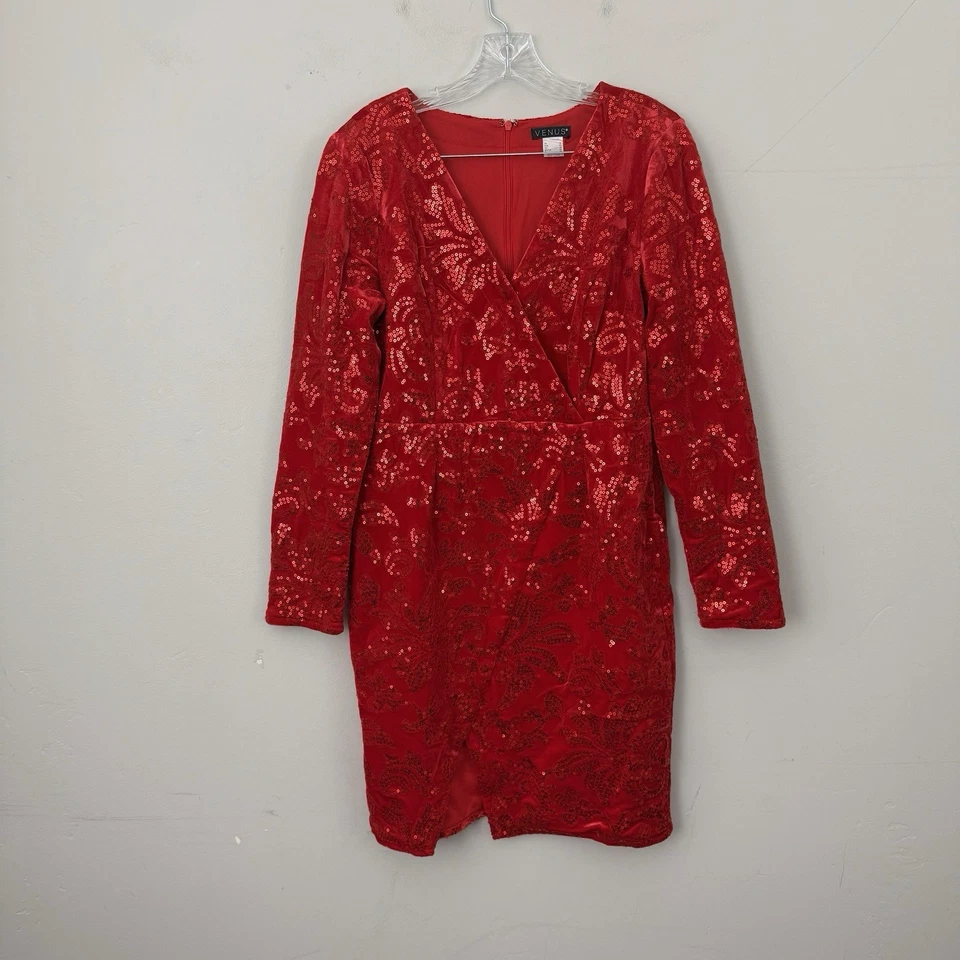 Vestido de noche Venus rojo con lentejuelas manga larga para mujer talla 12 Foto 1 de 4