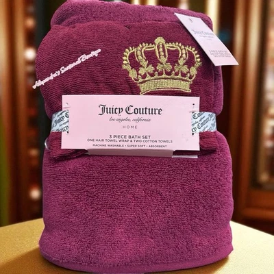 Juicy Couture Golden Crown Burgundy 3PC Bath Hair Wrap Towel , Two Cotton Towels - Image 1 of 4