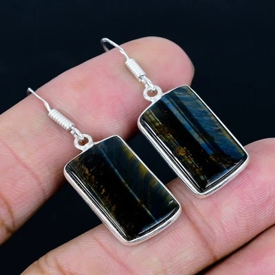 Black Tiger Eye 925 Silver Plated Handmade Earrings of 1.66" - Image 1 of 3