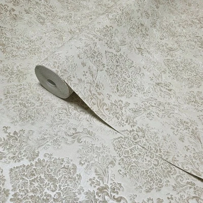 Ivory Beige cream gold glitter Victorian damask faux fabric texture Wallpaper 3D - Image 1 of 4