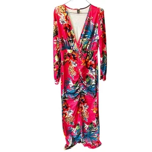 Maxi Vestido Shein Rosa Tropical Floral L Manga Larga Sumergido Acanalado Vacaciones - Imagen 1 de 11