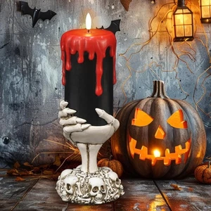 Halloween Black Flameless Candles with Ghost Hand and Skull - 6H Timer & Safe - Picture 1 of 5