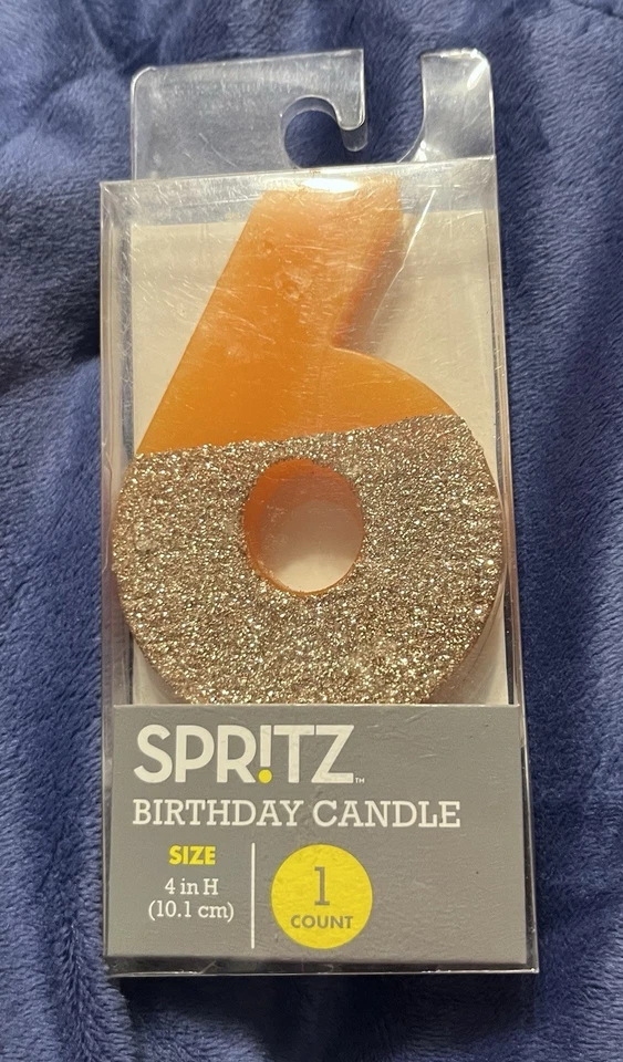 Spritz Birthday Candle Number 6 Color Orange Glitter 4in High