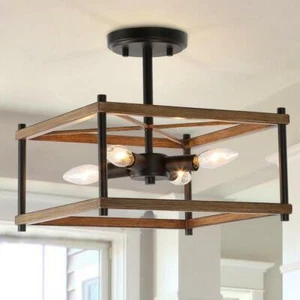 LNC Transitional Black Semi Flush Mount Araphi Ceiling4-Light Cage Brown Square - Picture 1 of 3