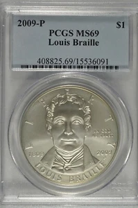 2009-P Louis Braille Commemorative Silver Dollar PCGS MS69 - Picture 1 of 5