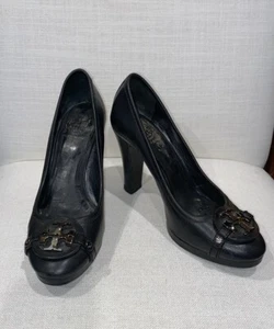 Tory Burch High Heel Silver Logo Pumps Leather Black  4" Heel Sz 8.5"M. as is - Picture 1 of 12