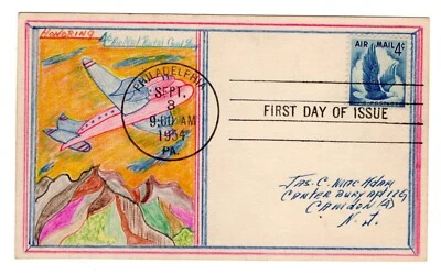C48 Airmail Eagle 4c FDC  on Card Hand-drawn Mac's Originals 1954 - Image 1 of 2