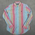 Polo Ralph Lauren Shirt Mens Large Blue Striped 100% Linen Button Down Colorful