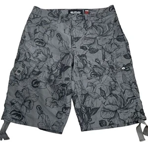 Ecko Unltd Cargo Board Shorts 30 Grey Floral Pockets Drawstring Button Zipper - Picture 1 of 5