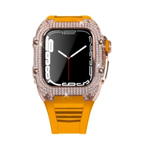 Diamond Steel Case+ Fluororubber Band For Apple Watch 4/5/6/SE/7/8 Mod Kit - Picture 1 of 33