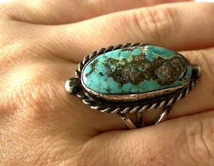 Vintage Native American Turquoise Ladies Ring Rope Sterling 925 Patina Size 6.5 - Picture 1 of 12