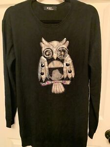 NWT NVF OWL JEWELED scoopneck sweater size XL Black Cashmere Blend