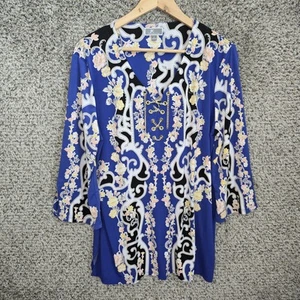 JM Collection Top Womens Large Blue Tunic Lace Up Embellished Stretch Ladies - Imagen 1 de 7