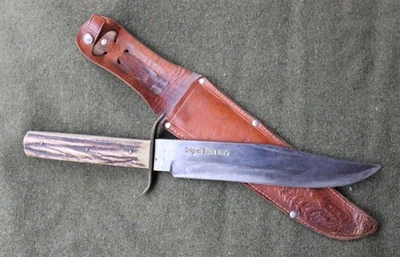 CUCHILLO BOWIE ORIGINAL vintage Big Heavy EDGE MARCA 443 mango de ciervo con funda Foto 1 de 4