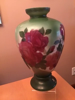Antique Victorian ERA Milk Glass Hand Painted Roses 13” Flower Vase URN Fostoria - Image 1 of 4