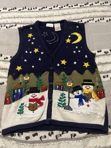 VTG Bobbie Brooks Sweater Vest Womens Small Snowman Holiday Ugly Christmas Blue - Picture 1 of 9