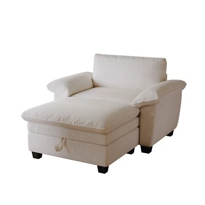Modern Chaise Lounge Chair with Storage Ottoman Chenille Sofa Soft Armchair - Image 1 of 4