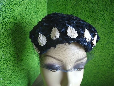 Ladies vintage hat dark blue straw with rhinestones blue netting fashions - Image 1 of 4