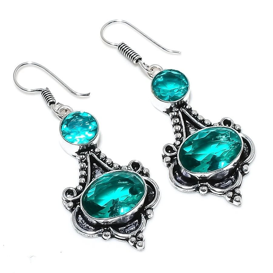 Green Mint Tourmaline Gemstone 925 Sterling Silver Jewelry Earrings Size 2.0" - Image 1 of 1