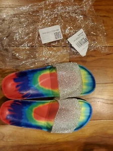 Tie Dye Rhinestone Slide Flip Flops Cork Soles - Picture 1 of 3