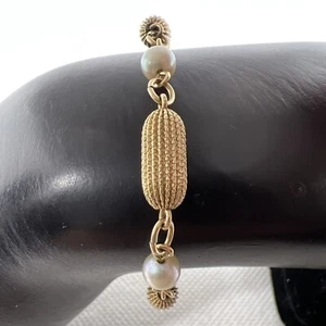 Schöne 12K Gelbgold Fass Gliederkette weiße Perlen Damen Armband 4,7gr. - Bild 1 von 12