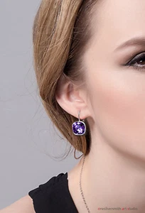 Cushion Cut Amethyst Quartz Leverback Huggie Earrings - Picture 1 of 10