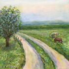 Horses Oil Painting Original Landscape Pasture Rural Farmland Valley Gift 8x8"