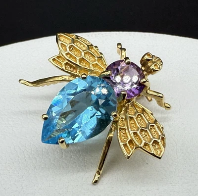Broche prendedor vintage de oro amarillo de 14k abejorro reina abeja topacio y piedras preciosas de amatista Foto 1 de 4