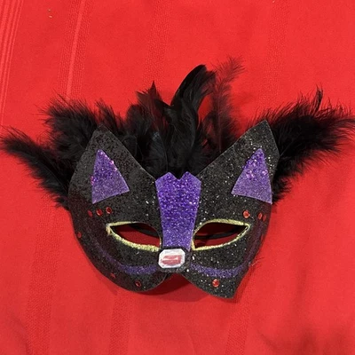 Halloween Masquerade Purple/Black Cat Glitter Feather Mask Costume Sexy Cosplay - Image 1 of 4