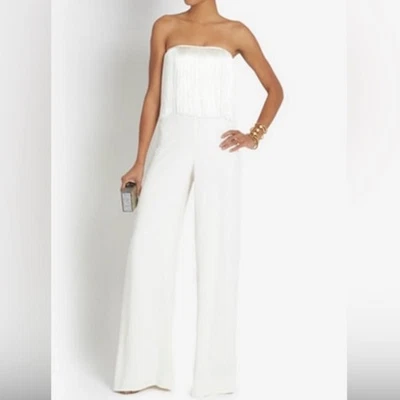 全新带标签 Alexis Jumpsuit 奶油色阔腿条纹无肩带 L 码 — 第 1/4 张图片