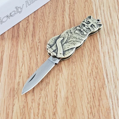 Novelty Cutlery Cat Folding Knife 1.38" Stainless Blade Nickel-Silver Handle - Image 1 of 4