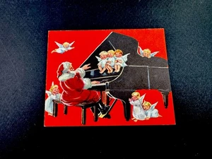 1 VTG Brownie Erica Von Kager Xmas Greeting Card Santa Playing Piano W/ Angels - Picture 1 of 3