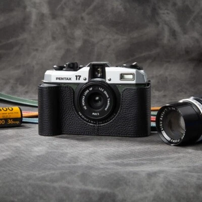 For Pentax 17 Case Cowhide Real Leather Half Camera Case Bag Cover Black - Image 1 of 4