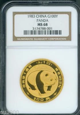 Panda chino de oro 1983 100Y NGC MS68 1 OZ. Soporte antiguo MS-68 CHINA 100 YUAN YN Foto 1 de 2