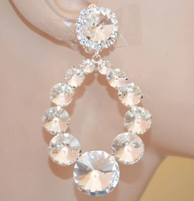 Orecchini Donna Argento Clips Cristalli Strass Eleganti Cerimonia Pendenti UAX26 - Immagine 1 di 3
