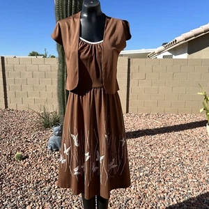 Vintage 70s Alfred Shaheen Brown Pleated Butterfly Dress Bolero Set Fits Sz 8 - Picture 1 of 19