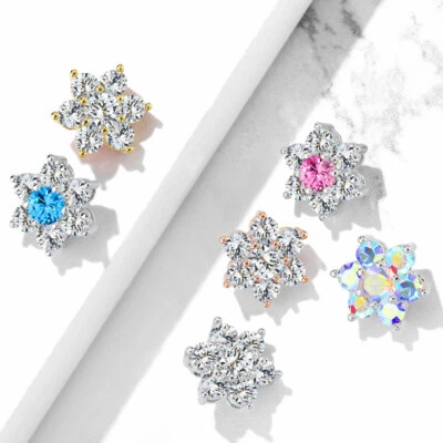 10 mm 7 CZ Paved Flower Internally Threaded Dermal Anchor Tops 14G  - Image 1 of 4