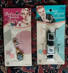Lot of 2 Vintage Deluxe Watch for Gentleman & Lady Kids Toys 1950s Japan NOS - Picture 1 of 7