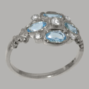 14k White Gold Natural Diamond & Blue Topaz Womens Cluster Ring - Sizes 4 to 12