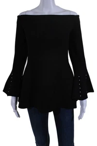 Lela Rose Womens Wool Long Sleeve Off The Shoulder Blouse Top Black Size 10 - Picture 1 of 6