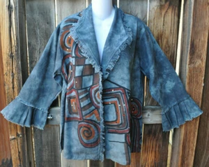 DILEMMA ARTIST HAND PAINTED AND WOVEN SEQUINED ART TO WEAR BURLAP JACKET, OS+! - Picture 1 of 4