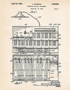 1934 Hammond Organista Organista Reproductor Regalo Ideas Patente Arte Impreso Póster Iglesia - Imagen 1 de 2