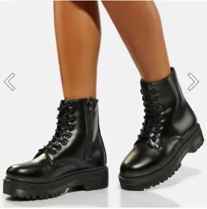Qupid Raffi-01AX Lace Up Combat Black PU Military Boots Brand New - Picture 1 of 6